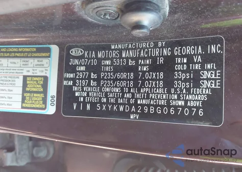 2011 Kia Sorento Sx V6 z USA, uszkodzony, nr VIN 5XYKWDA29BG067076